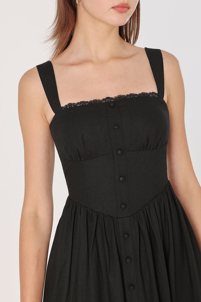 MELITA PADDED LINEN LACE CORSET MIDAXI DRESS (BLACK)