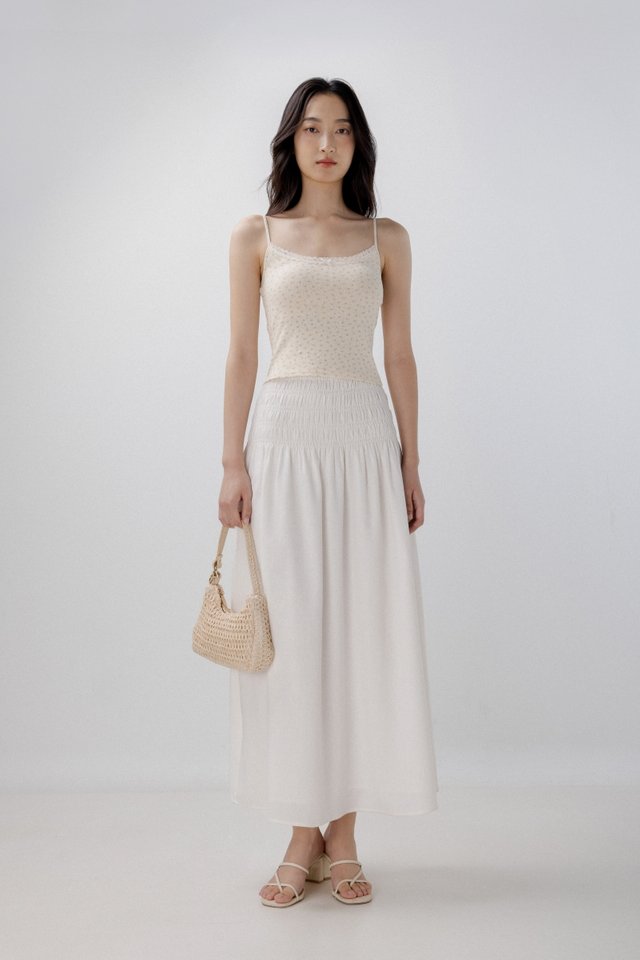 JOLYN SMOCKED WAIST FLARE MAXI SKIRT - PETITE (WHITE)