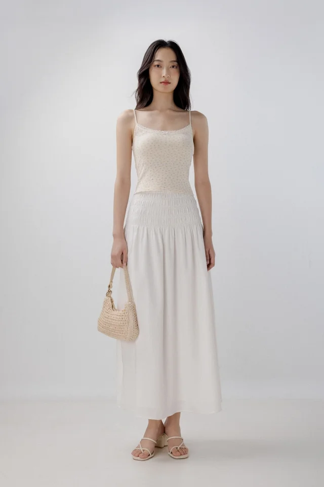 JOLYN SMOCKED WAIST FLARE MAXI SKIRT - PETITE (WHITE)