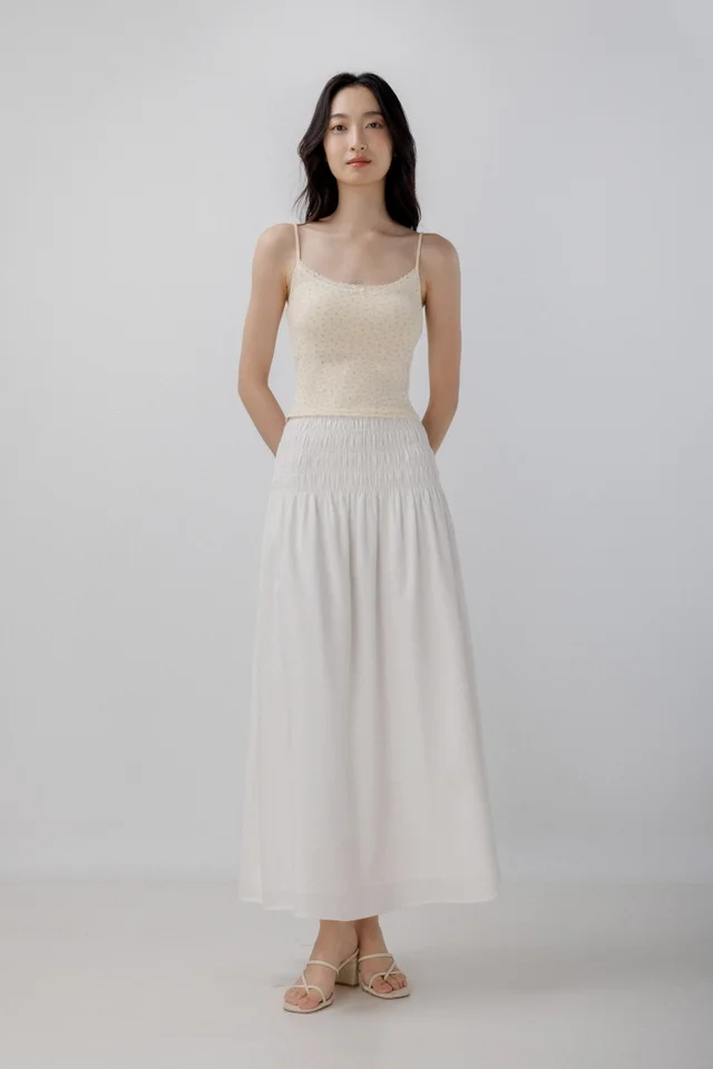 JOLYN SMOCKED WAIST FLARE MAXI SKIRT - PETITE (WHITE)