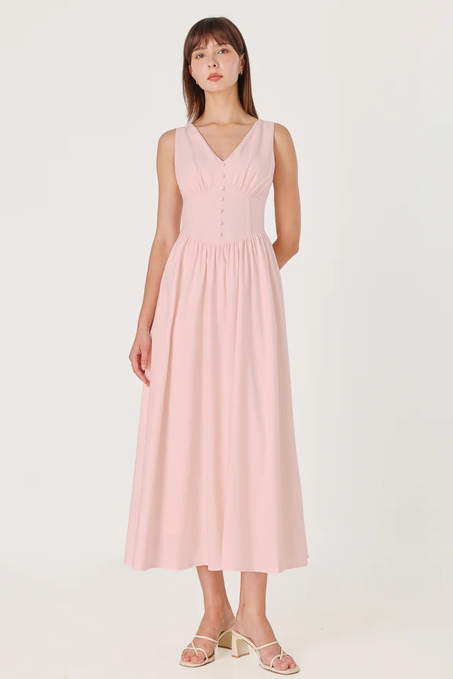 JASMINE BUTTON CORSET MAXI DRESS (LIGHT PINK)