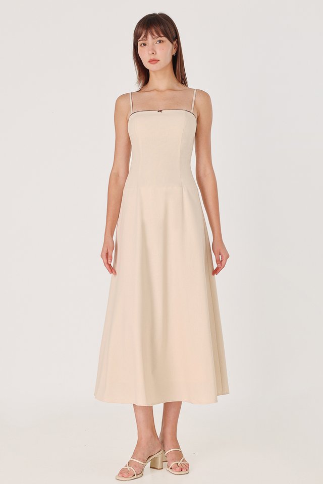 ELOWEN PADDED LINEN EYELET TRIM LOW-WAIST MIDAXI DRESS (NATURAL)