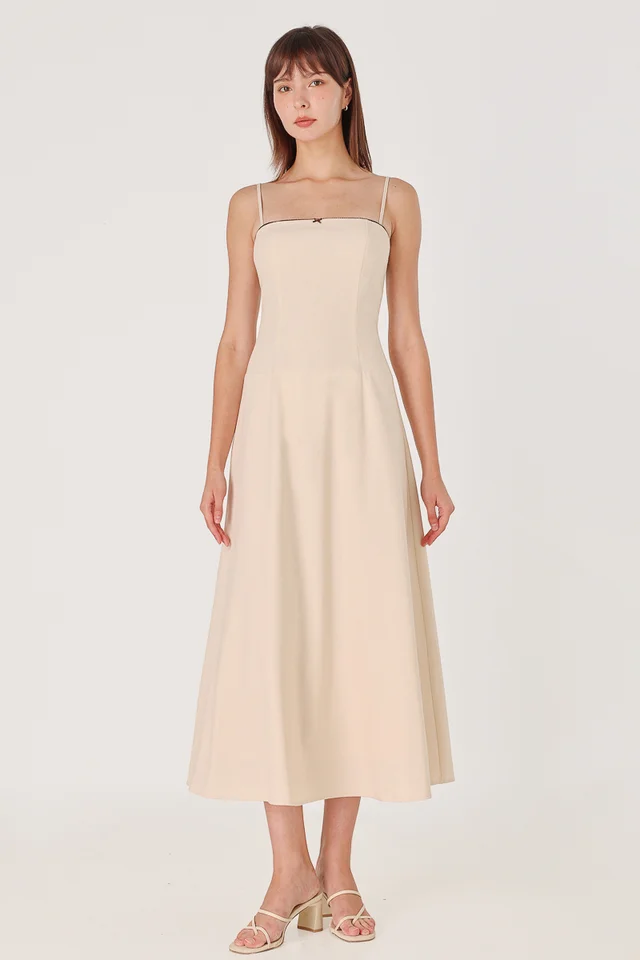 ELOWEN PADDED LINEN EYELET TRIM LOW-WAIST MIDAXI DRESS (NATURAL)