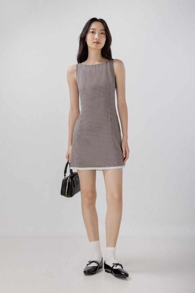 DREANNE PADDED GINGHAM BOATNECK LACE-BACK EYELET TRIM MINI DRESS (BROWN)