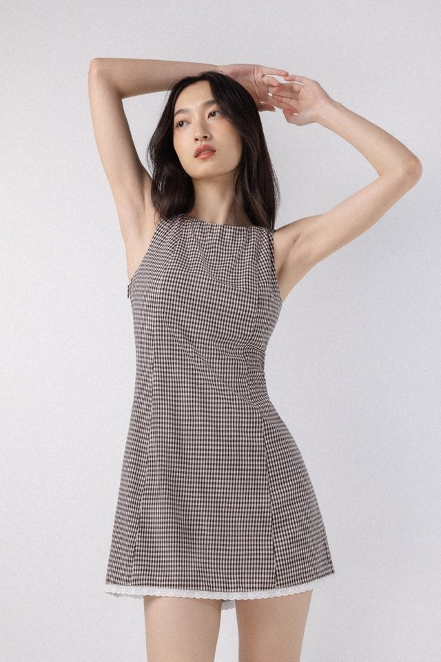 DREANNE PADDED GINGHAM BOATNECK LACE-BACK EYELET TRIM MINI DRESS (BROWN)