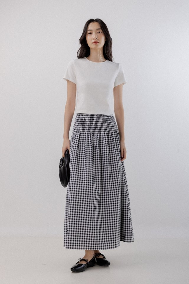 JOLYN SMOCKED WAIST FLARE MAXI SKIRT - REGULAR (GINGHAM)