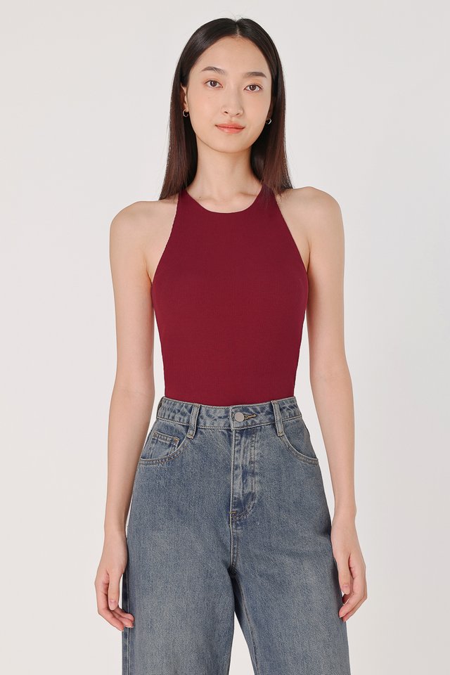 KENDRA PADDED HALTER RACER RIBBED TOP (RED)