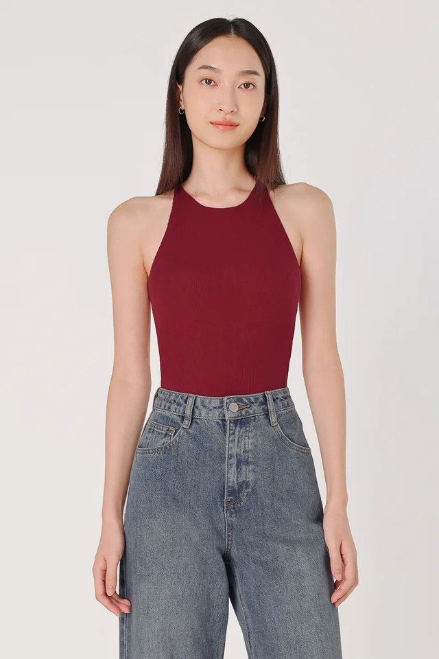 KENDRA PADDED HALTER RACER RIBBED TOP (RED)