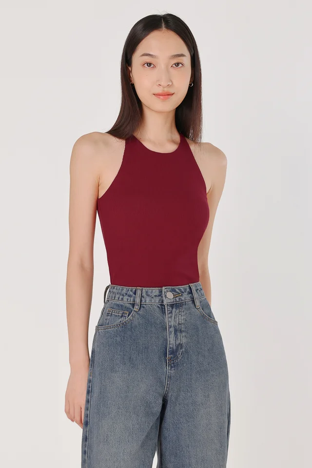 KENDRA PADDED HALTER RACER RIBBED TOP (RED)