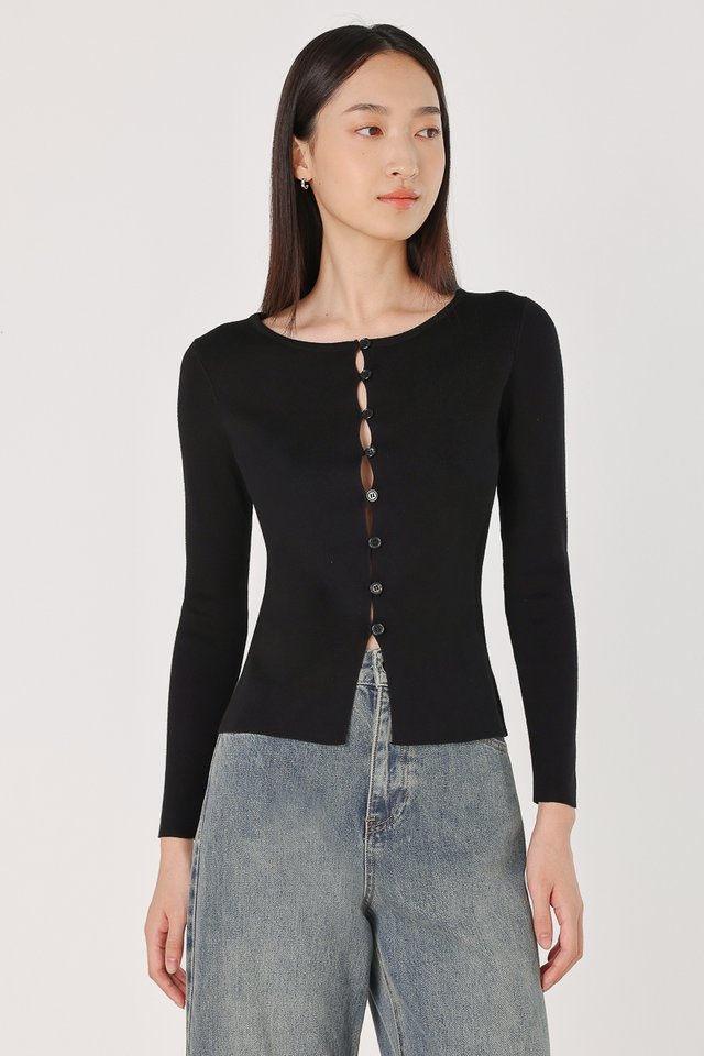 VICKY PEEKABOO BUTTON LONG SLEEVE KNIT TOP (BLACK)