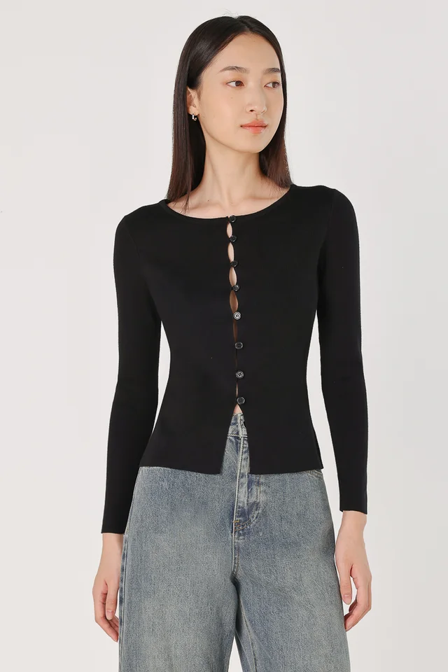 VICKY PEEKABOO BUTTON LONG SLEEVE KNIT TOP (BLACK)