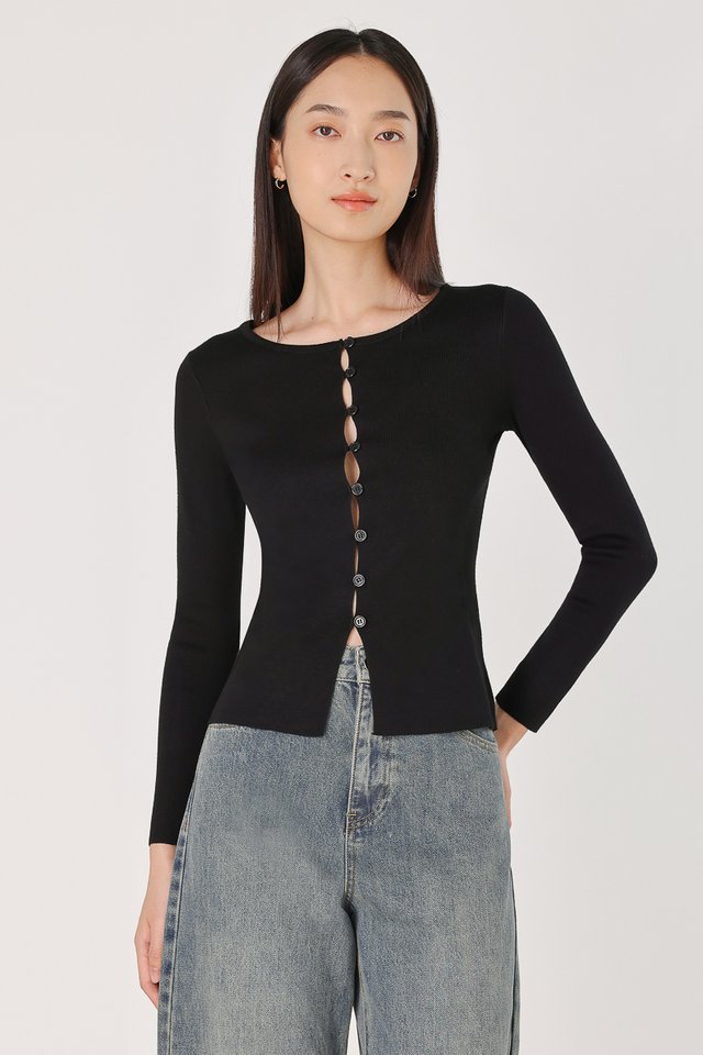 VICKY PEEKABOO BUTTON LONG SLEEVE KNIT TOP (BLACK)