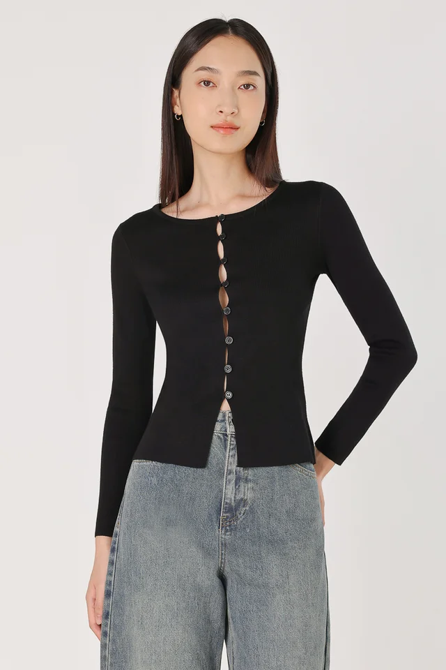 VICKY PEEKABOO BUTTON LONG SLEEVE KNIT TOP (BLACK)