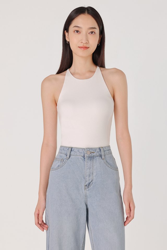 KENDRA PADDED HALTER RACER RIBBED TOP (WHITE)