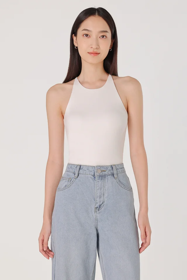 KENDRA PADDED HALTER RACER RIBBED TOP - IMPROVED FIT (WHITE)