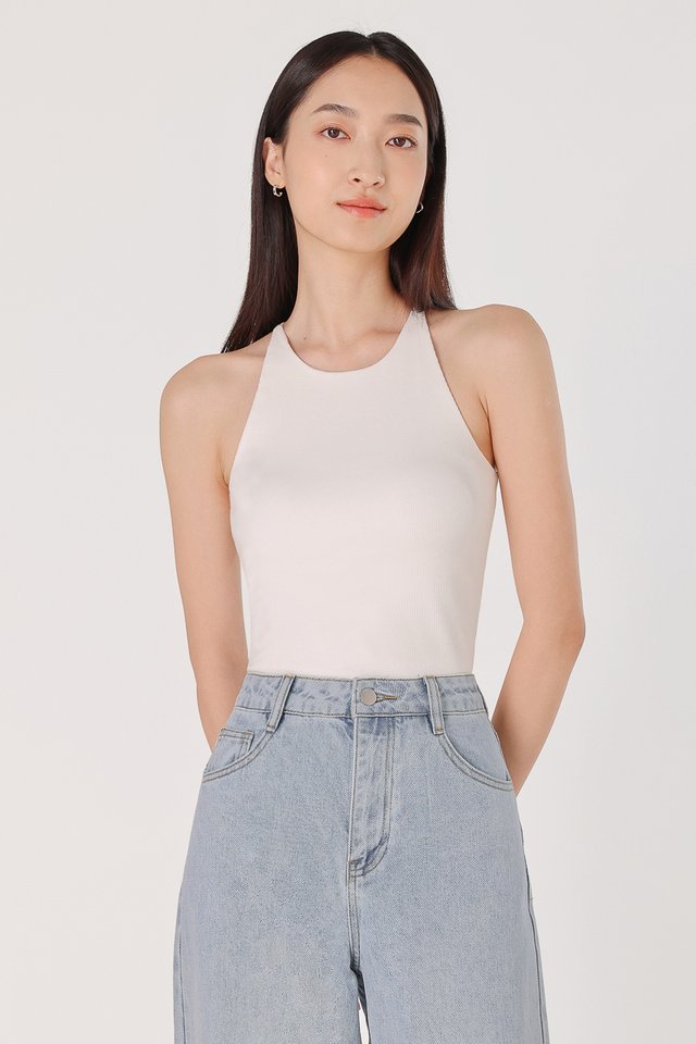 KENDRA PADDED HALTER RACER RIBBED TOP (WHITE)