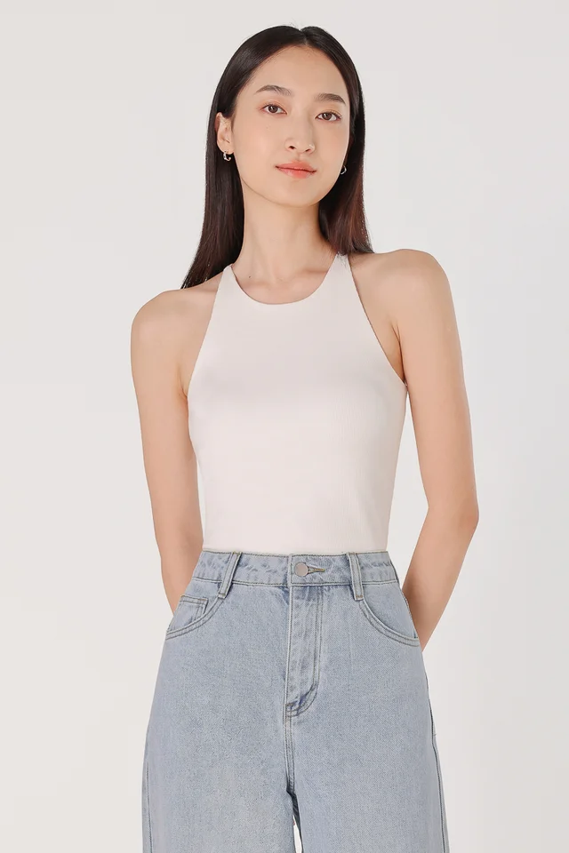 KENDRA PADDED HALTER RACER RIBBED TOP - IMPROVED FIT (WHITE)