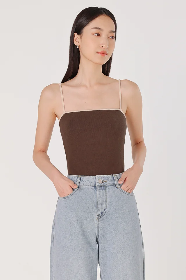ASTRA REVERSIBLE PADDED CONTRAST TRIM RIBBED CAMI TOP (BROWN WITH CREAM TRIM)