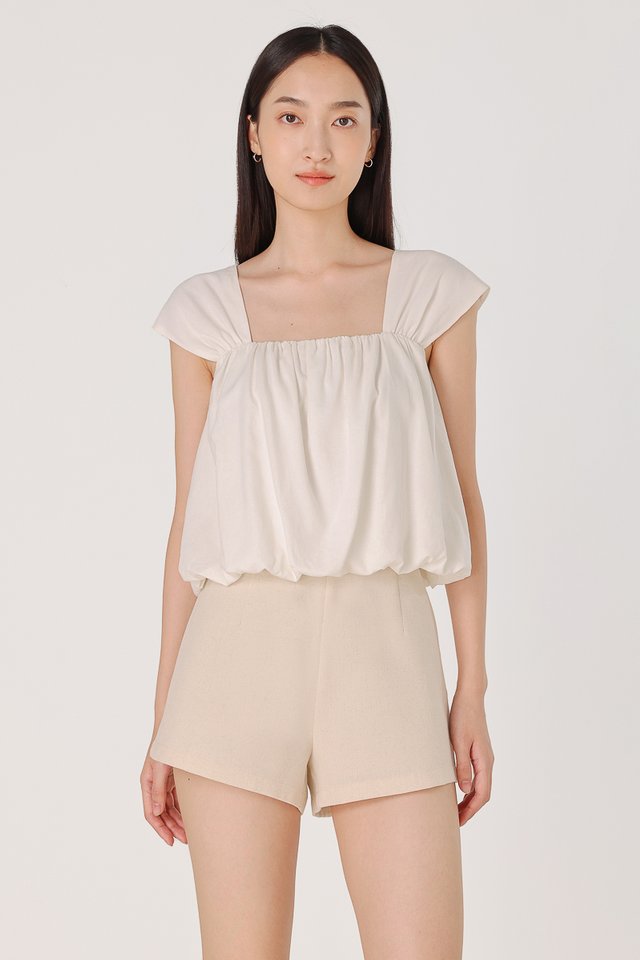 ROBBIE PADDED LINEN CAP SLEEVE BUBBLE HEM TOP (WHITE)