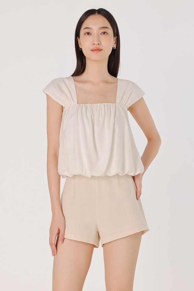 ROBBIE PADDED LINEN CAP SLEEVE BUBBLE HEM TOP (WHITE)