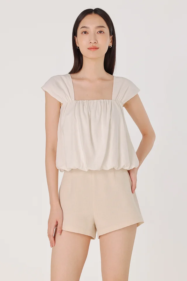 ROBBIE PADDED LINEN CAP SLEEVE BUBBLE HEM TOP (WHITE)