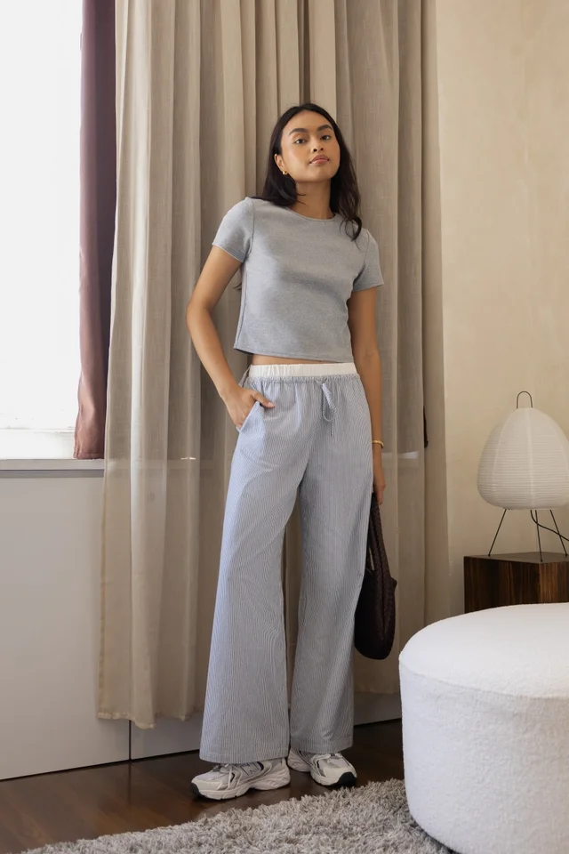 LESLEY STRIPED DRAWSTRING BOXER LOUNGE PANTS - PETITE (BLUE STRIPED)