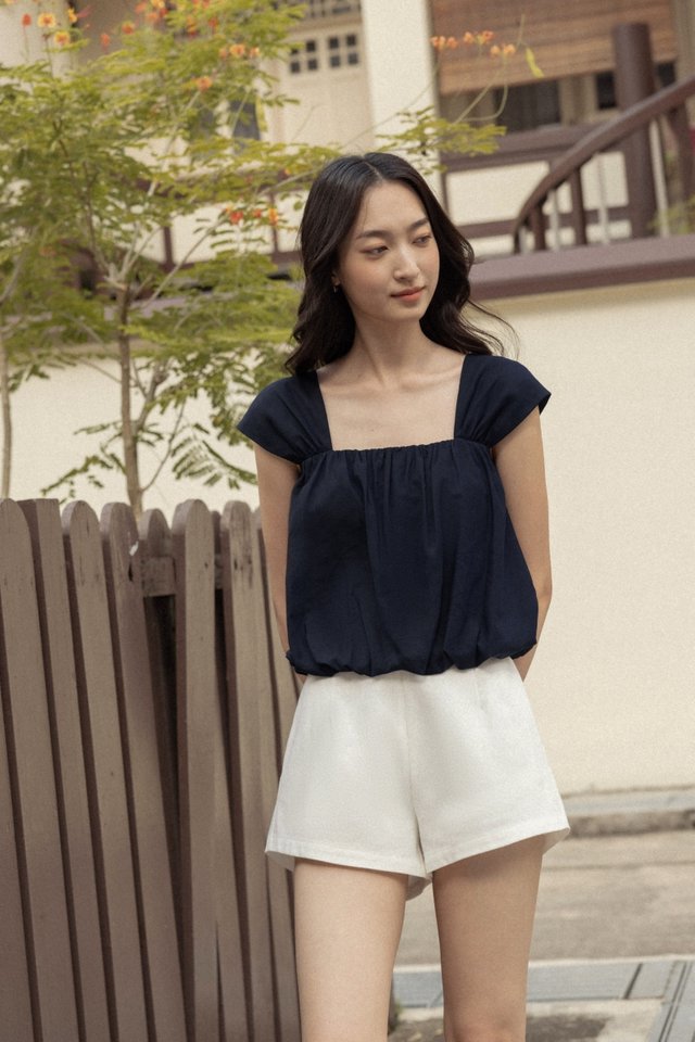 ROBBIE PADDED LINEN CAP SLEEVE BUBBLE HEM TOP (MIDNIGHT BLUE)