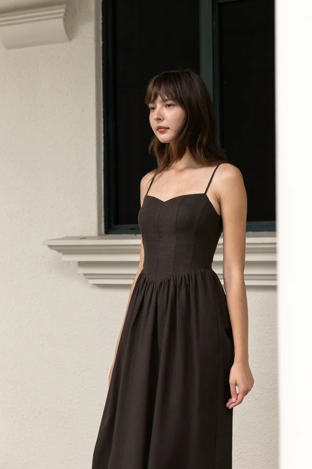 CHARLAYNE PADDED LINEN V-NECK PANELLED MIDAXI DRESS (BROWN)