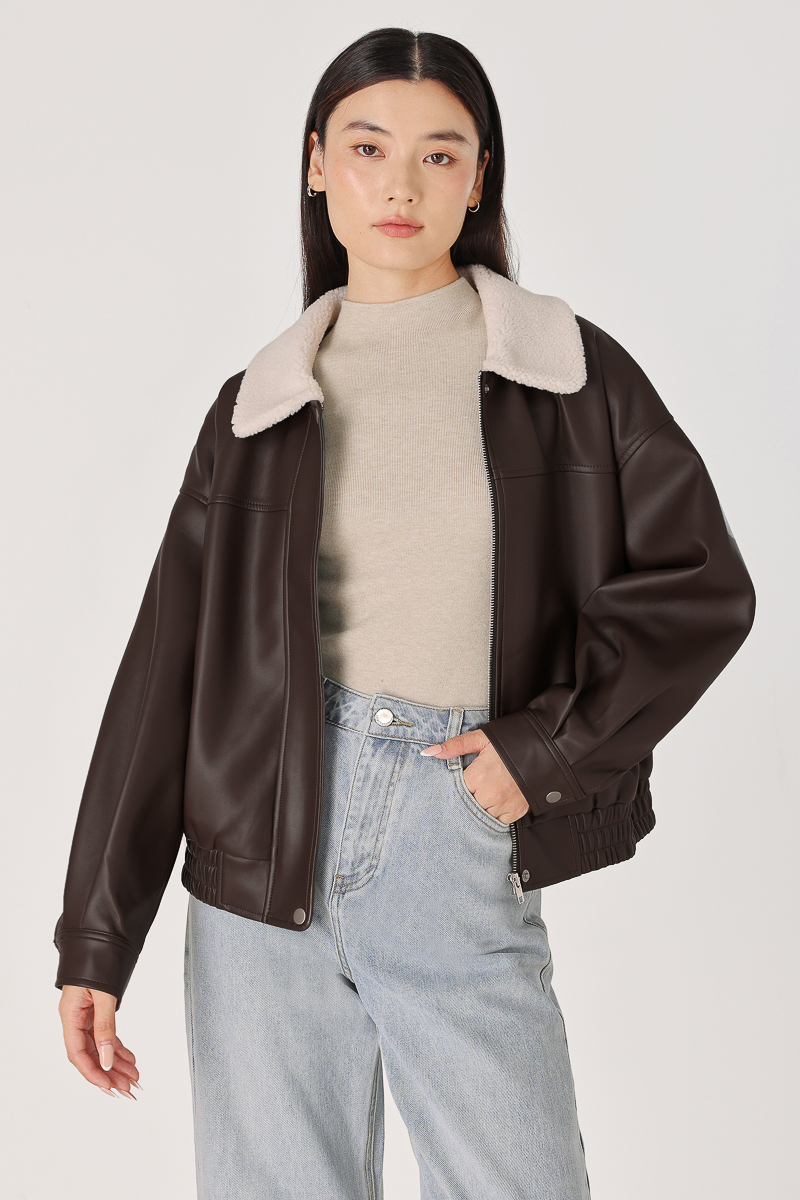MAZIE SHEARLING COLLARED FAUX LEATHER JACKET (ESPRESSO) | Lovet