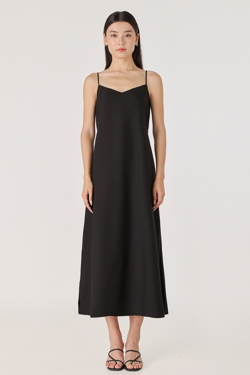 MARLA REVERSIBLE PADDED TIE-BACK MIDAXI TENT DRESS (BLACK) | Lovet