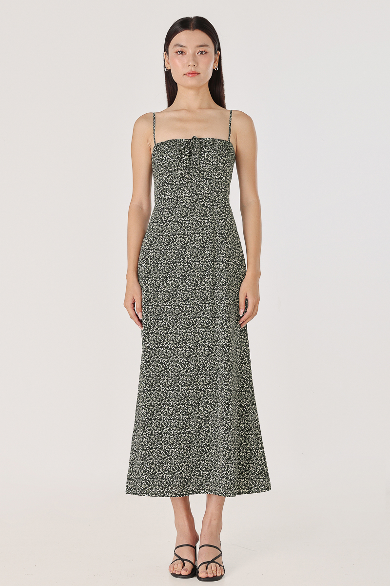 DELFINA PADDED KEYHOLE RIBBON MIDAXI DRESS (FLORAL) | Lovet