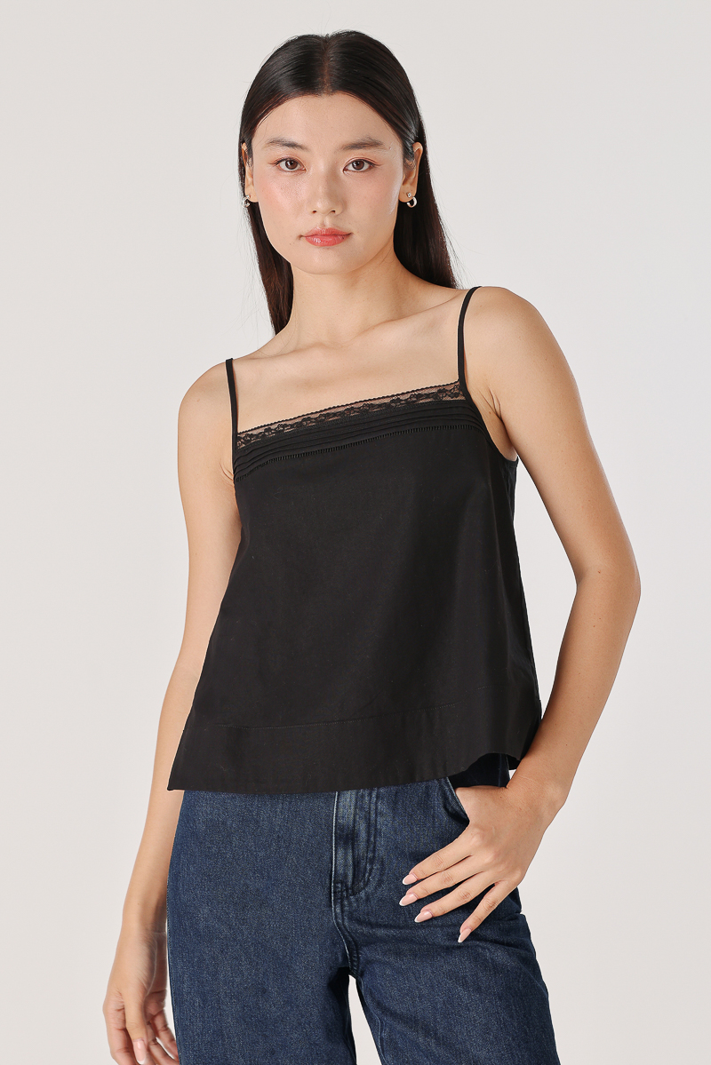 OLANNA LINEN LACE INSERT THICK HEM CAMI TOP (BLACK) | Lovet