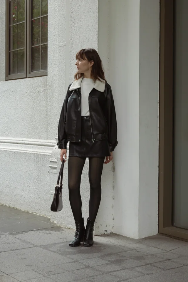 MAZIE SHEARLING COLLARED FAUX LEATHER JACKET (BLACK)
