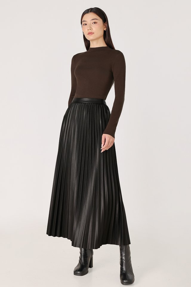 RIVERIA FAUX LEATHER PLEATED MIDAXI SKIRT (BLACK)