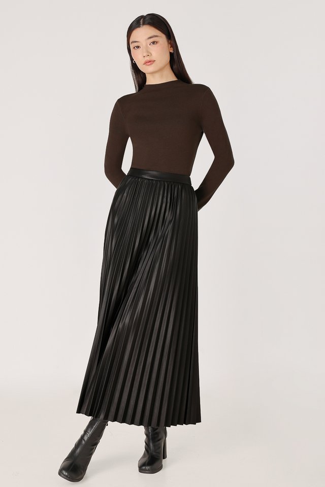 RIVERIA FAUX LEATHER PLEATED MIDAXI SKIRT (BLACK)