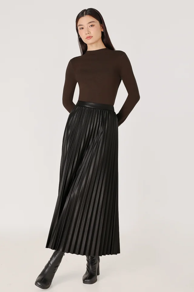 RIVERIA FAUX LEATHER PLEATED MIDAXI SKIRT (BLACK)