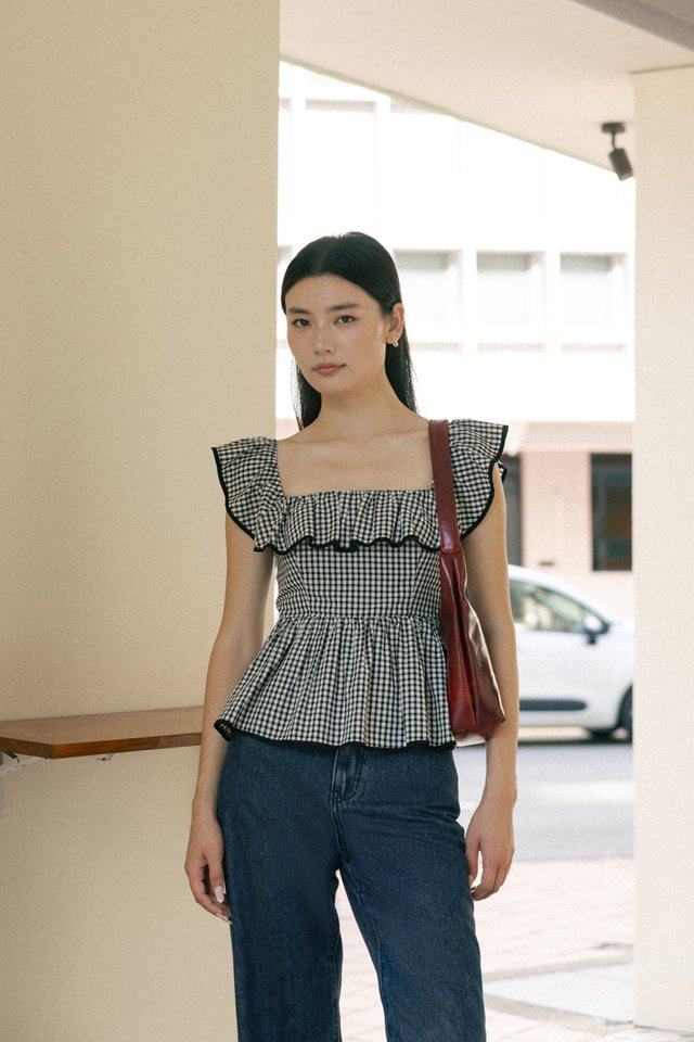 ALVINA PADDED GINGHAM SQUARE NECK RUFFLES TOP