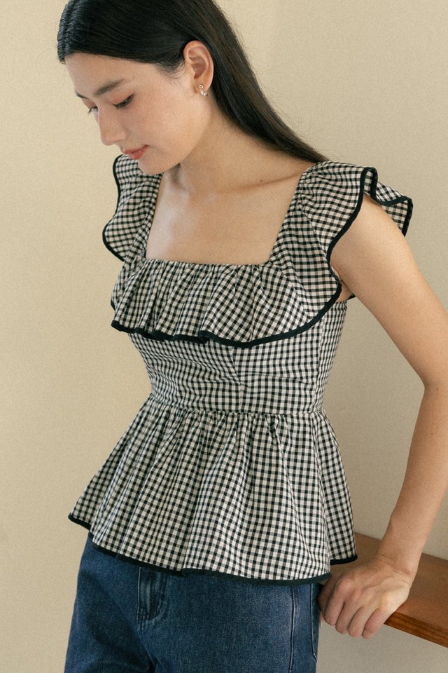 ALVINA PADDED GINGHAM SQUARE NECK RUFFLES TOP
