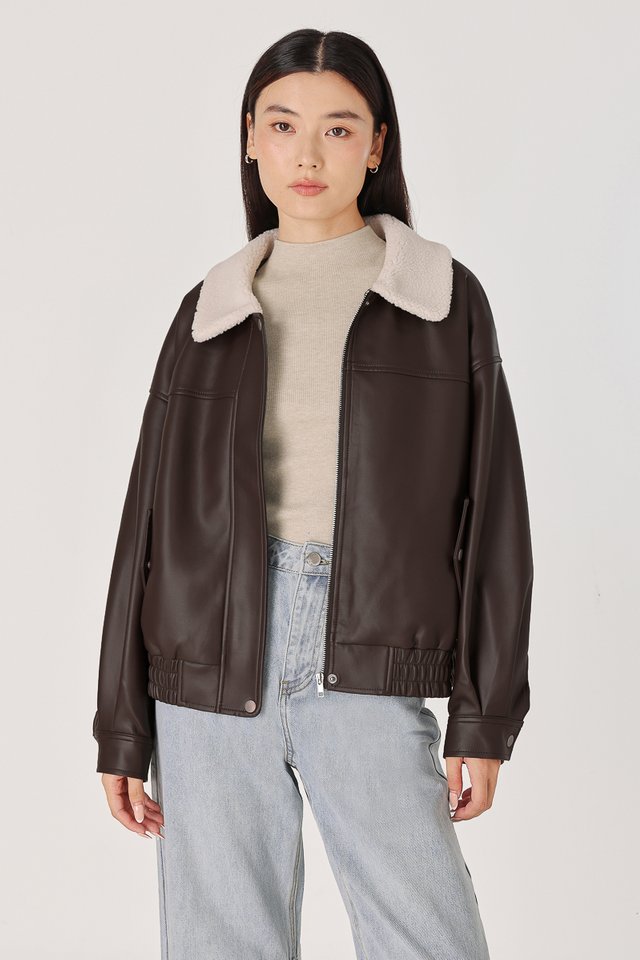 MAZIE SHEARLING COLLARED FAUX LEATHER JACKET (ESPRESSO)