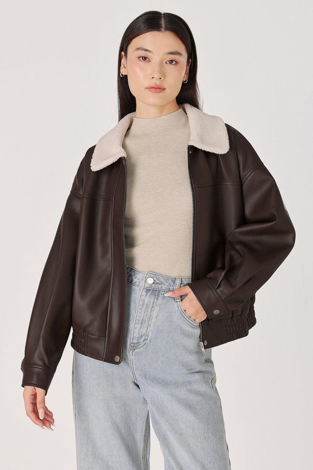 MAZIE SHEARLING COLLARED FAUX LEATHER JACKET (ESPRESSO)