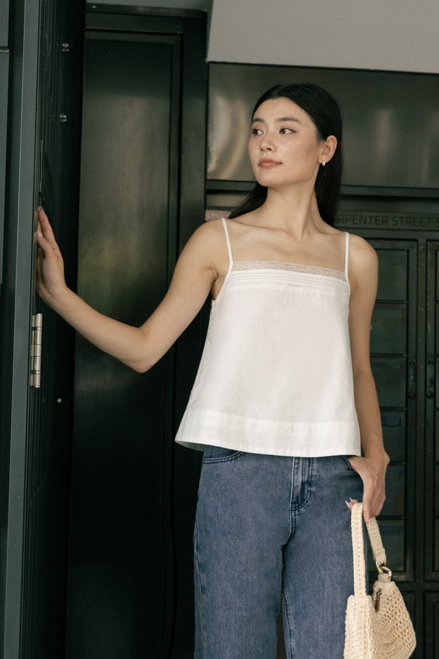 OLANNA LINEN LACE INSERT THICK HEM CAMI TOP (WHITE)