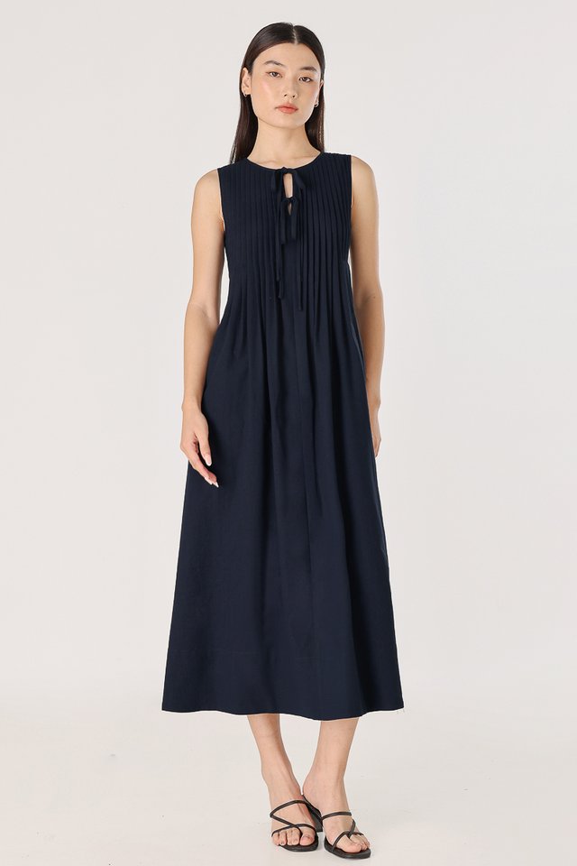 MARJORIE LINEN PINTUCK RIBBON MAXI DRESS (MIDNIGHT BLUE)