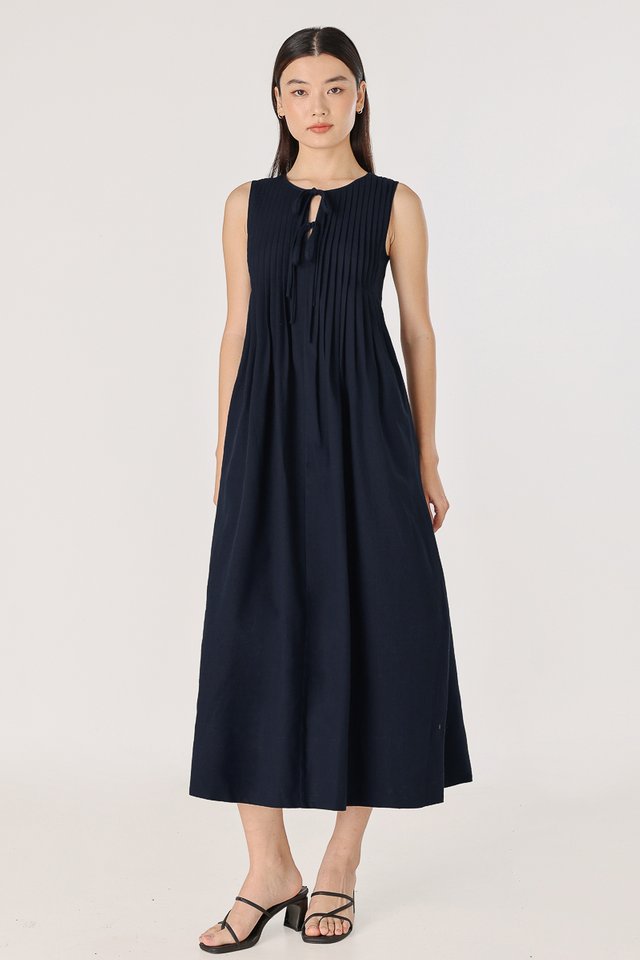 MARJORIE LINEN PINTUCK RIBBON MAXI DRESS (MIDNIGHT BLUE)
