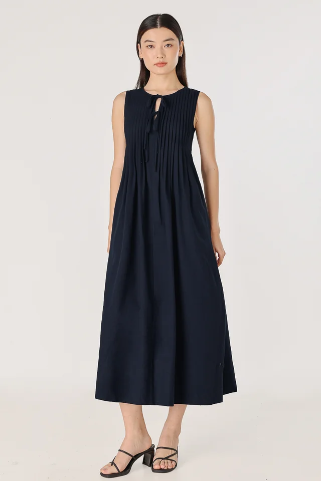 MARJORIE LINEN PINTUCK RIBBON MAXI DRESS (MIDNIGHT BLUE)