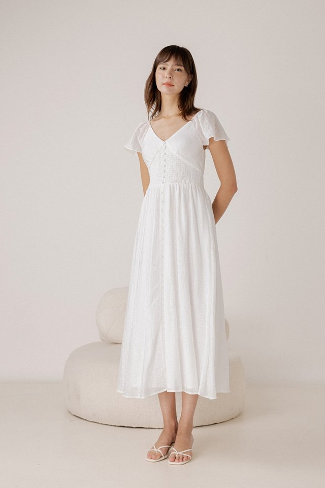 LYDIA FLORAL EMBROIDERED FLUTTER SLEEVE SMOCKED WAIST MAXI DRESS