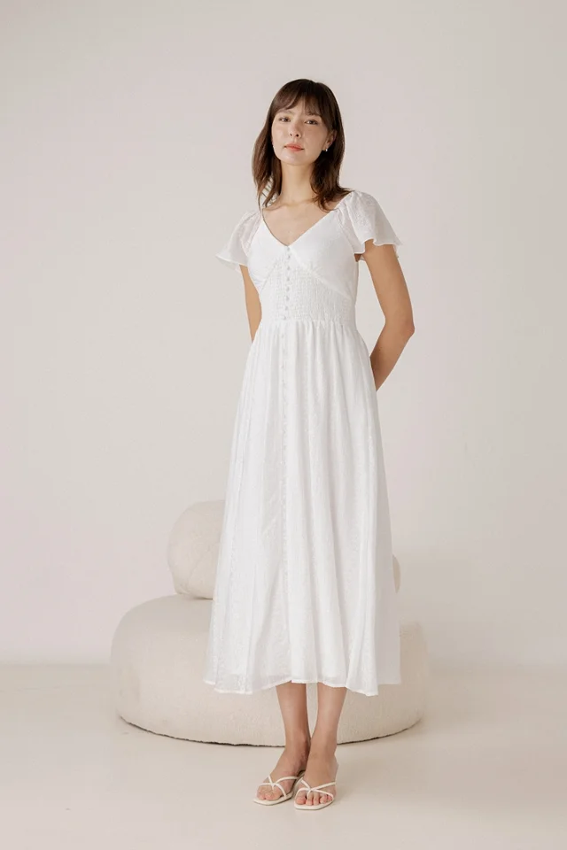 LYDIA FLORAL EMBROIDERED FLUTTER SLEEVE SMOCKED WAIST MAXI DRESS
