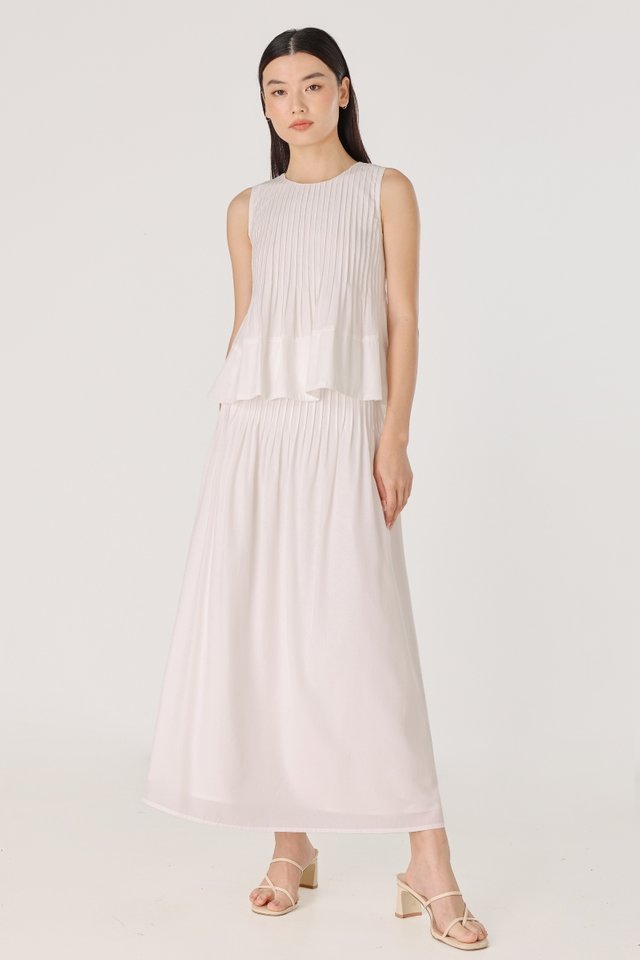 MARISSA PREMIUM PINTUCK WAIST FLARE MAXI SKIRT - REGULAR (WHITE)