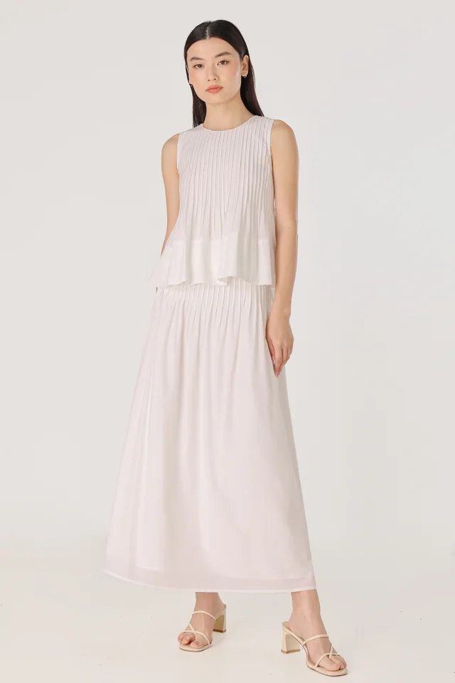 MARISSA PREMIUM PINTUCK WAIST FLARE MAXI SKIRT - REGULAR (WHITE)