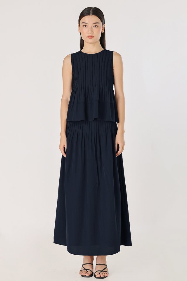 MARISSA PREMIUM PINTUCK WAIST FLARE MAXI SKIRT - PETITE (NAVY)