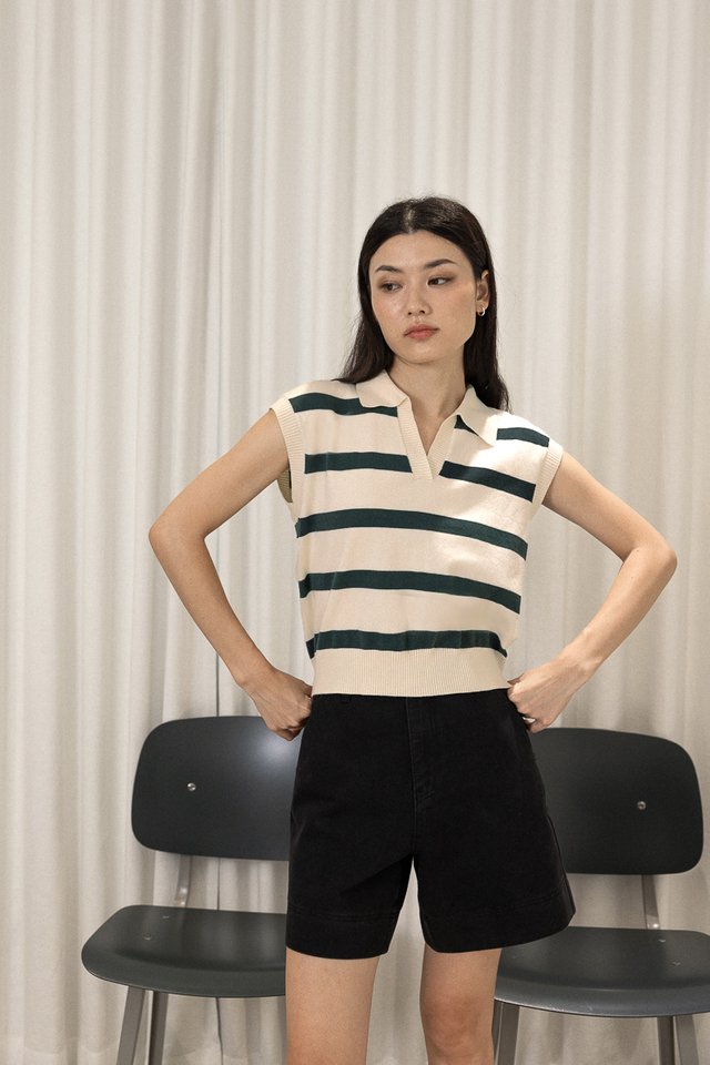 LEONOR STRIPED COLLARED BOXY KNIT TOP (CREAM WITH GREEN STRIPES)
